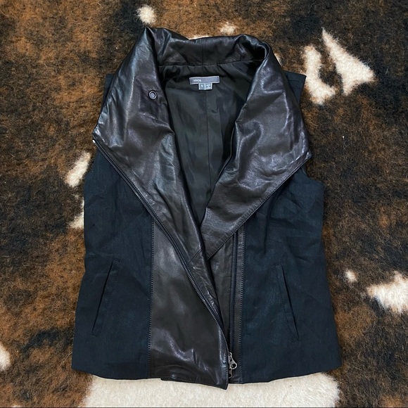 Vince Asymmetric Leather Linen Sleeveless Vest